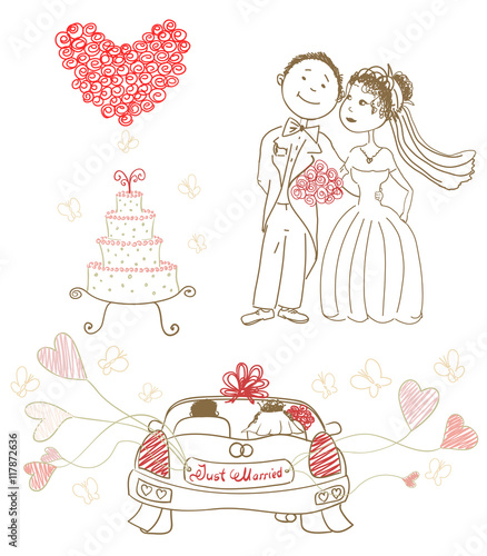 wedding cake with butterflies,happy bride and groom, heart