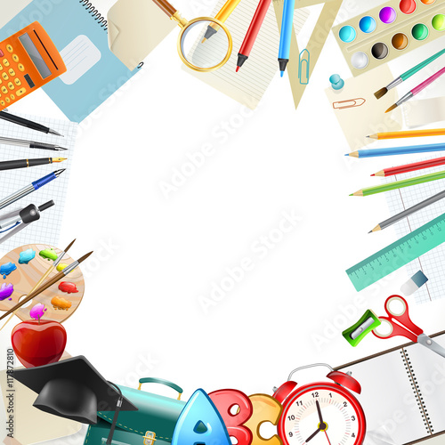 blank background with school items, education workplace accessories