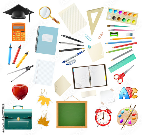 Set of school supplies isolated on white. Education workplace 