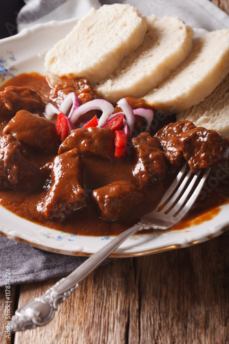 homemade hot Czech goulash with knodel close-up. vertical
 photo