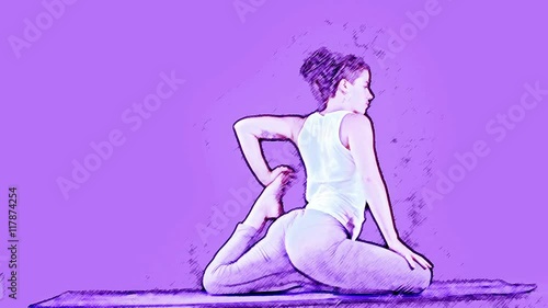 young woman practices yoga moves and positions photo