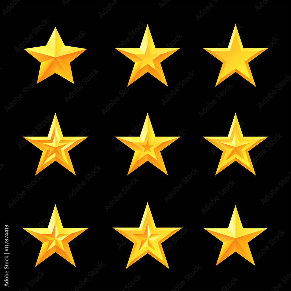 Gold star icons in different style. Gold star icons in different style.