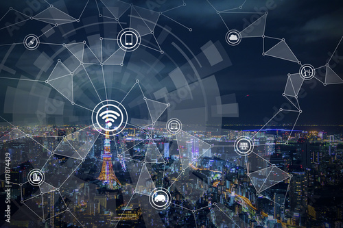 smart city and wireless communication network, IoT(Internet of Things),CPS(Cyber-Physical Systems), ICT(Information Communication Technology), abstract image visual photo