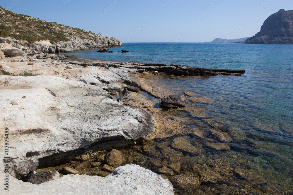 Kolymbia beach with rocky coast, Rhodes island, Greece