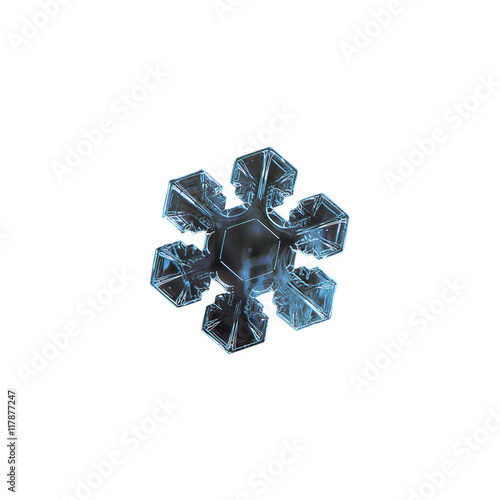 Snowflake isolated on white background. This is macro photo of real snow crystal with short  broad arms  excellent symmetry  and simple pattern inside of central hexagon.