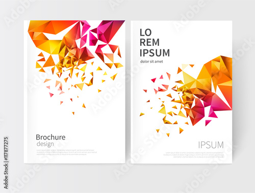 scatter triangles / vector white business brochure cover template.modern abstract geometric background orange, yellow, purple and red triangles. photo