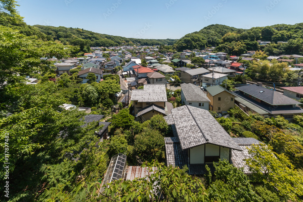 aerial view of houses in historic Kamakura in Japan