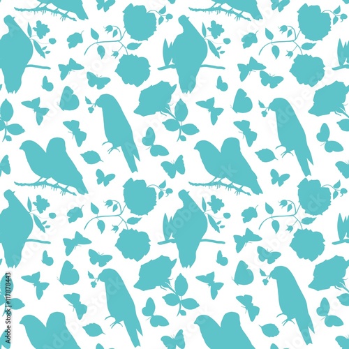 Scalable vector pattern with silhouettes of birds, butterflies a