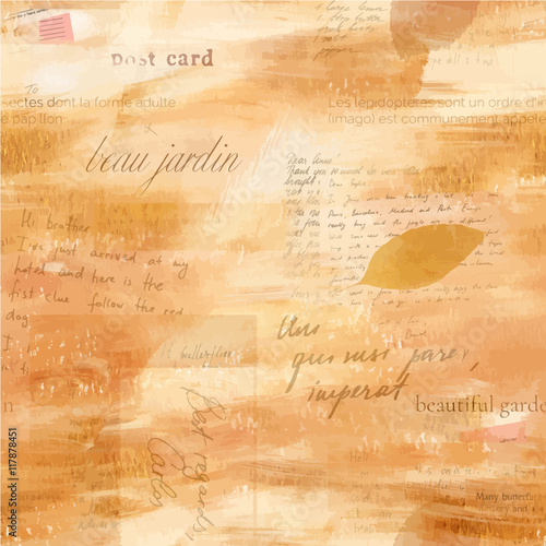 Vintage pattern with old ephemera and dry leaves, vector graphic