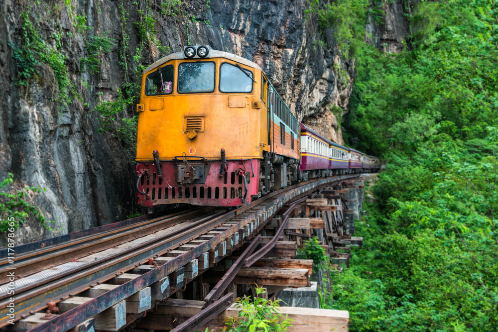 Train into the Railway bridge at Kanchanaburi