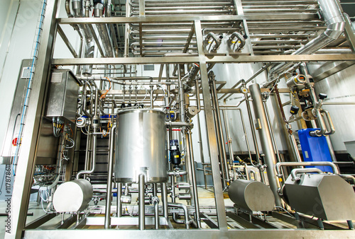 Shiny stainless steel pipes, tanks for the food industry