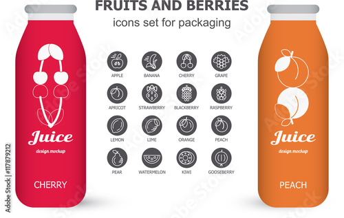 Bottle of juice, sugar water, tea or cocktail with drawing cherry and peach. Isolated on the white background. Concept design for juice or cocktail. Product packaging mockup.