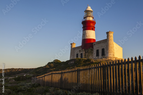 Historic Cape Agulhas lighthouse at sunrise
