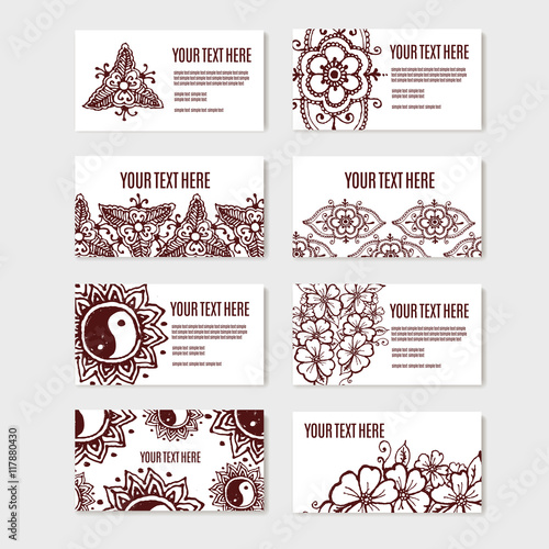 Vintage ornament design business card collection with floral texture. EPS 10 vector pattern set in oriental style. mehendi henna tattoo.
