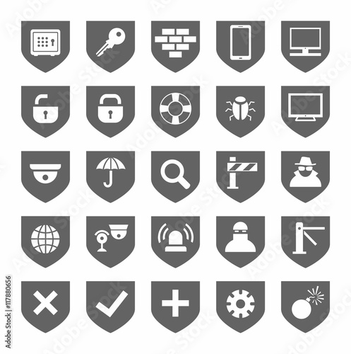 Security, icons, monochrome, gray, vector. Grey, flat icons on the theme of protection and safety of people and computers. Grey images on a white background. 