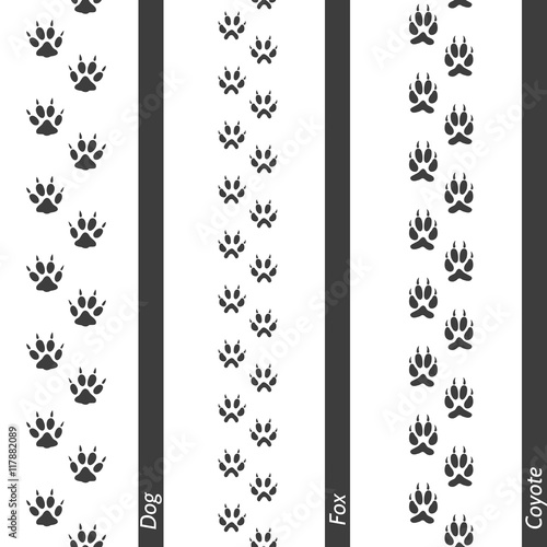 Animal footprints seamless border set. Vector footprint dog fox and coyote