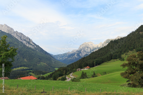 Watzmann  Hochkalten and Rotpfalfen in Berchtesgaden  Bavaria  Germany with camping ground  Panorama