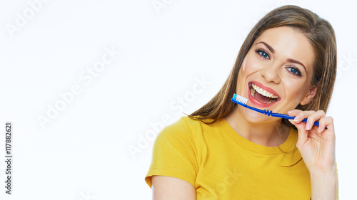 Smiling woman portrait with toothy brush. Healthy teeth.