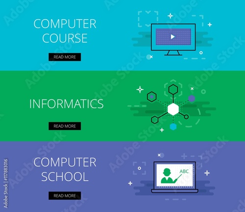 Computer Course. Informatics. Computer School. Vector banners te