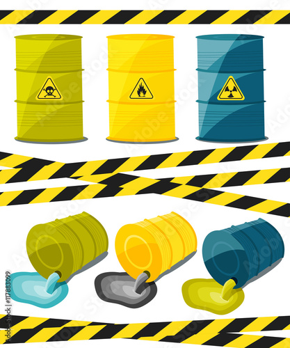 Containers with explosive and reactive substances, waste of chemical industry. Flow of dangerous toxic chemicals. Oil. Vector