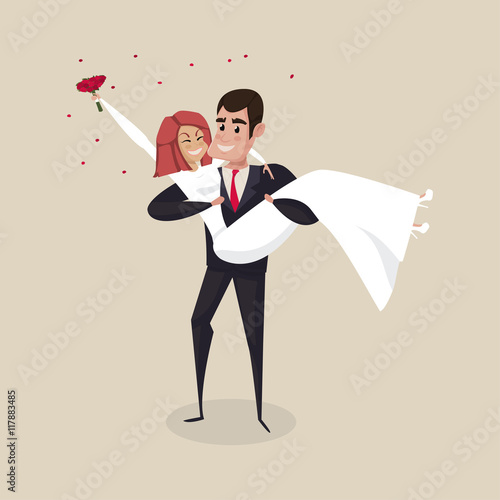 The groom carries the bride with wedding bouquet. Vector