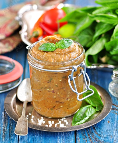 Eggplant dip with onions, carrots, tomato, olive oil, garlic and parsley.