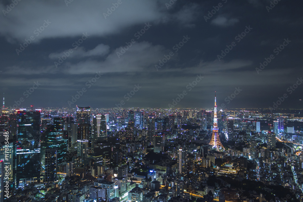 modern cityscape night view, overlook from skyscraper, tokyo, japan
