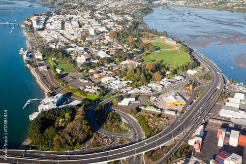 Aerial view of Tauranga City and Harbour, New Zealand photo