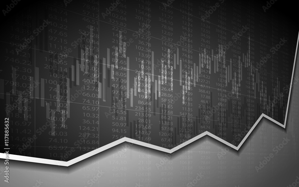 Obraz premium Abstract Business Candlestick chart with uptrend line graph and stock numbers in bull market on dark gray background (vector)