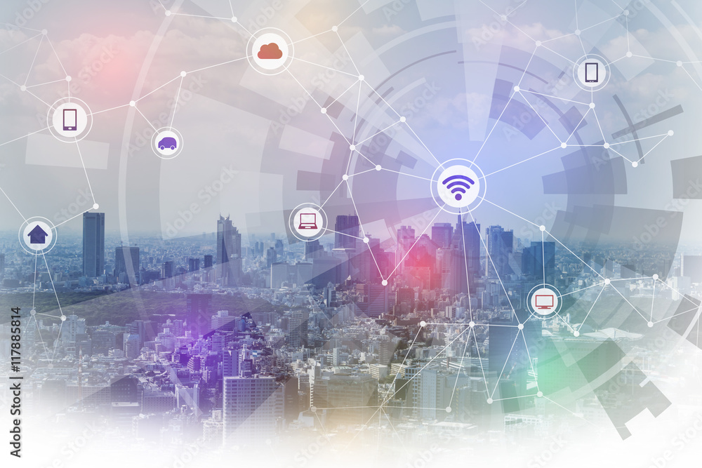 smart city and wireless communication network, IoT(internet of things), CPS(Cyber-Physical Systems), ICT(Information Communication Technology), abstract image visual