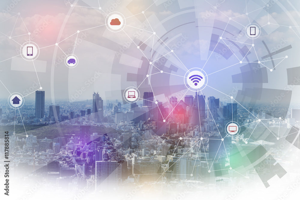 Obraz premium smart city and wireless communication network, IoT(internet of things), CPS(Cyber-Physical Systems), ICT(Information Communication Technology), abstract image visual