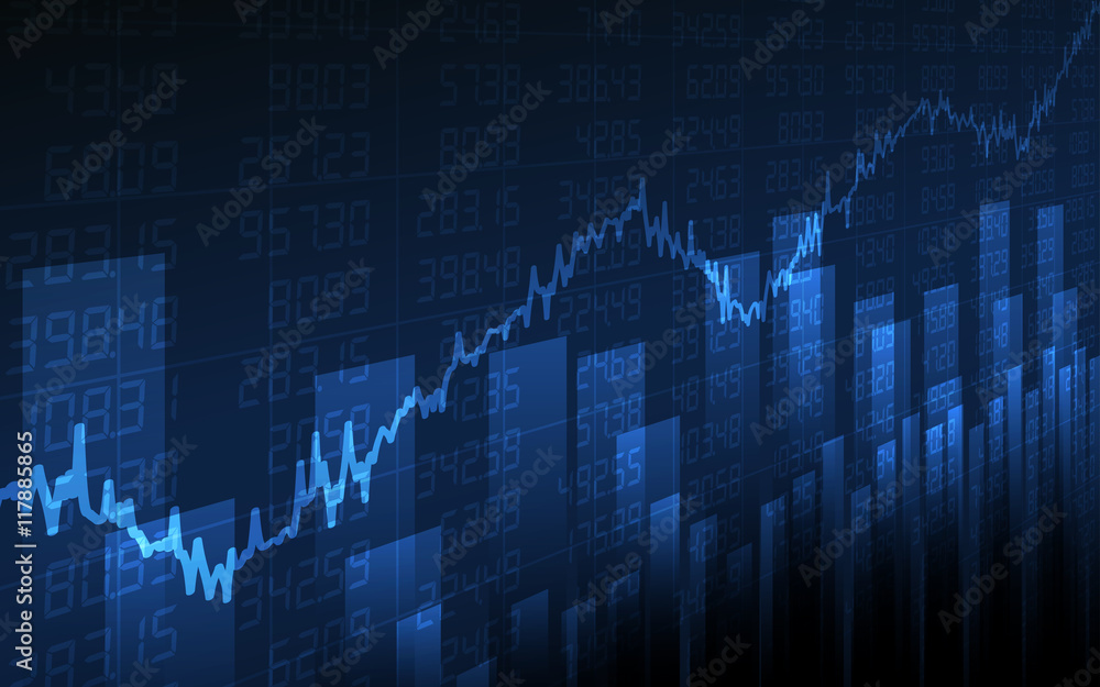 Business chart with uptrend line graph, bar chart and stock numbers in bull market on dark blue background (vector) Business chart with uptrend line graph, bar chart and stock numbers in bull market on dark blue background (vector)