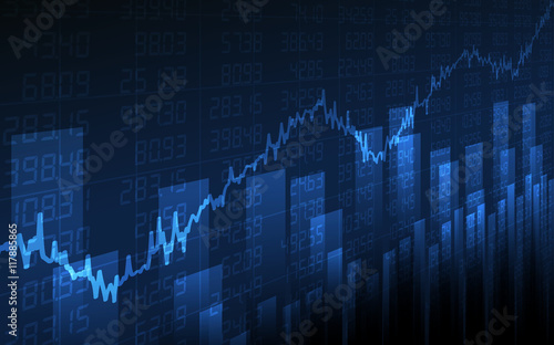 Business chart with uptrend line graph, bar chart and stock numbers in bull market on dark blue background (vector)