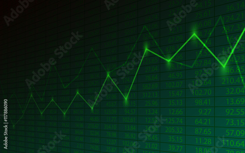 Business chart with uptrend line graph and stock numbers in bull market on dark green background (vector)