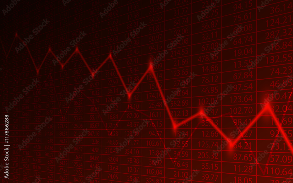 Business chart with downtrend line graph and stock numbers in bear market on dark red background (vector)
