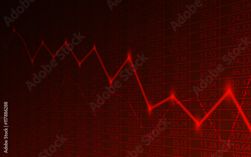 Business chart with downtrend line graph and stock numbers in bear market on dark red background (vector)
