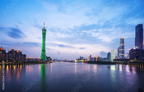 Reflection Of Canton Tower And Buildings On River