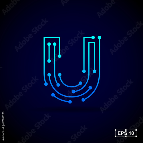 Letter U logo design template,Technology abstract dot connection cross vector logo icon circle logotype
