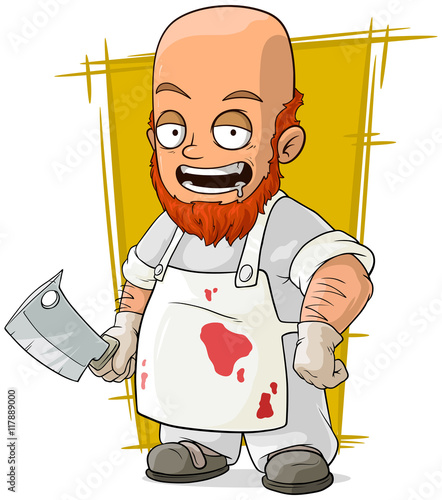 Cartoon crazy bald butcher in white apron