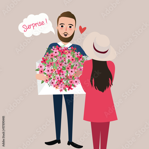 man give girl flower bouquet surprise vector illustration