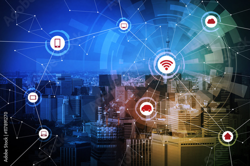 Modern city and wired network concept icons, IoT(internet of things), CPS(Cyber-Physical Systems), ICT(Information Communication Technology), abstract image visual