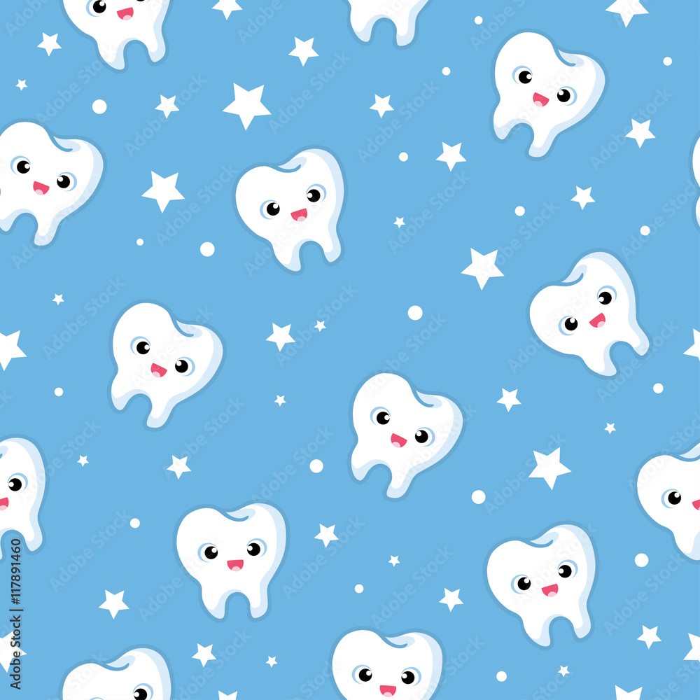 Vector seamless illustration with merry teeth on a blue background. Children s illustration on the theme of dentistry. The pattern of teeth.