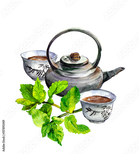 Mint tea set - teapot and traditional chinese cups. Watercolor photo