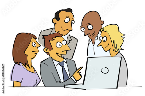 Business colleagues working on a laptop. Cartoon style vector.