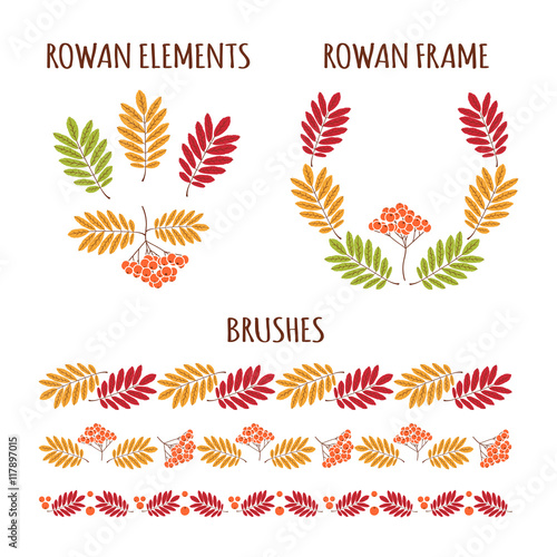 Autumn rowan elements. Circle wreath and brushes borders from leaves and berries. Elements for your design autumn banner, flyer, background, wallpaper, card and others.