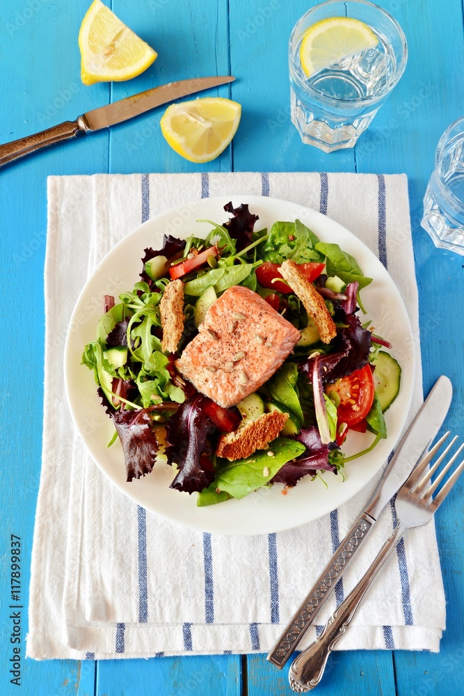 Fresh and Healthy Salmon Salad, top view Fresh and Healthy Salmon Salad, top view