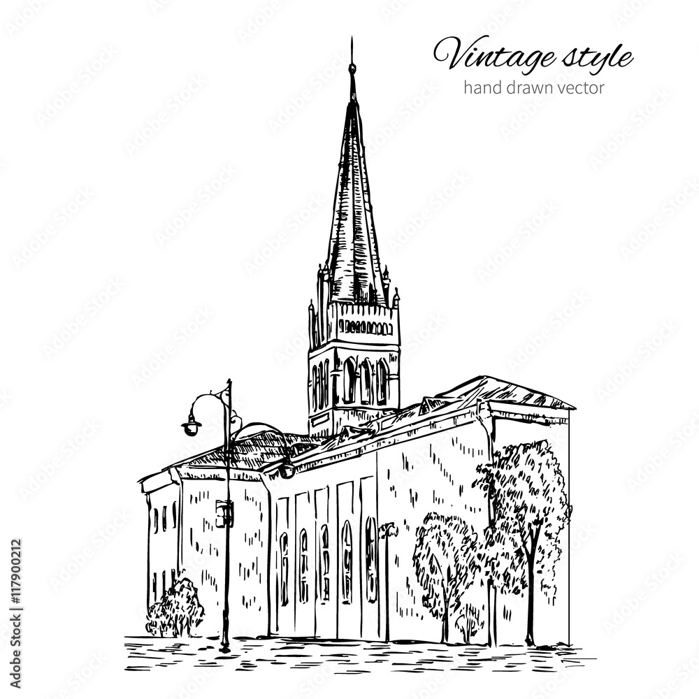 Vector hand drawn sketch catholic church, walking city european street with street lamps, trees isolated on white background, vintage engraving style for touristic postcard, poster, calendar template