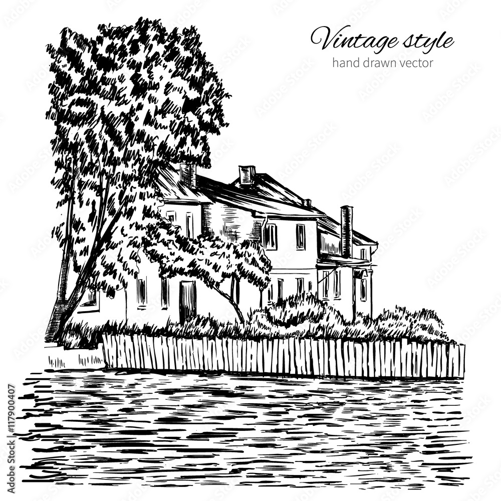 Naklejka premium Vintage vector engraving building sketchy line art, Rural landscape with old farmhouse, garden on river isolated on white, touristic postcard, poster, calendar template, page idea with european houses