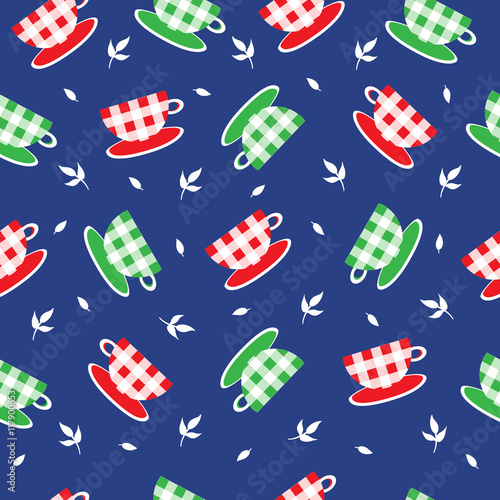 Decorative cups, leaves vector illustration, seamless pattern, colorful ornament, texture Stylish design for black, green tea package, tea party invitation or greeting card, restaurant menu, textile