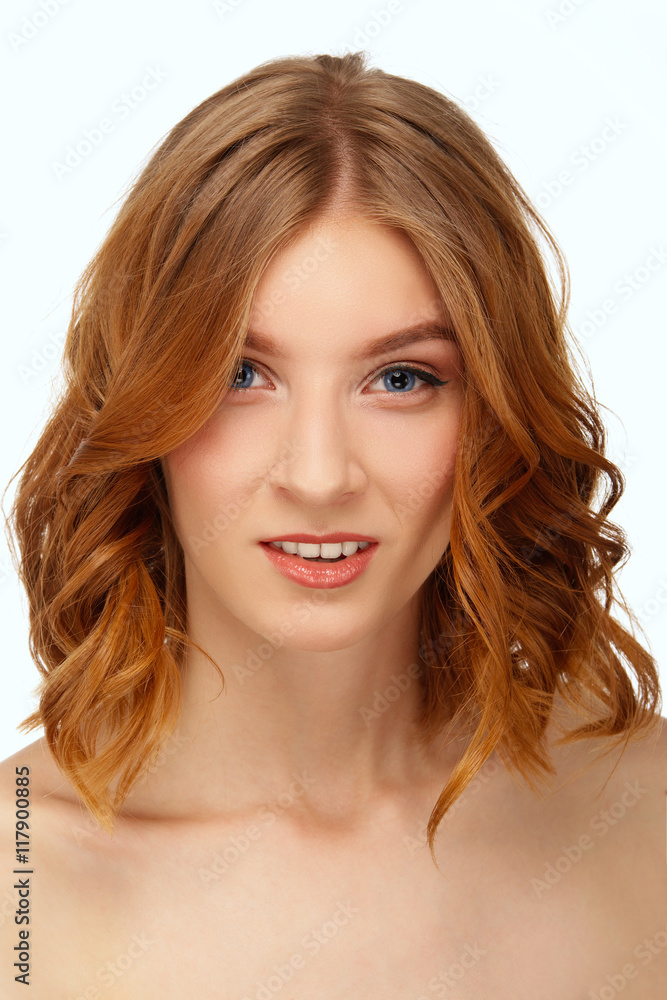Face of beautiful young woman with blue eyes and red lips. Beaut Face of beautiful young woman with blue eyes and red lips. Beaut